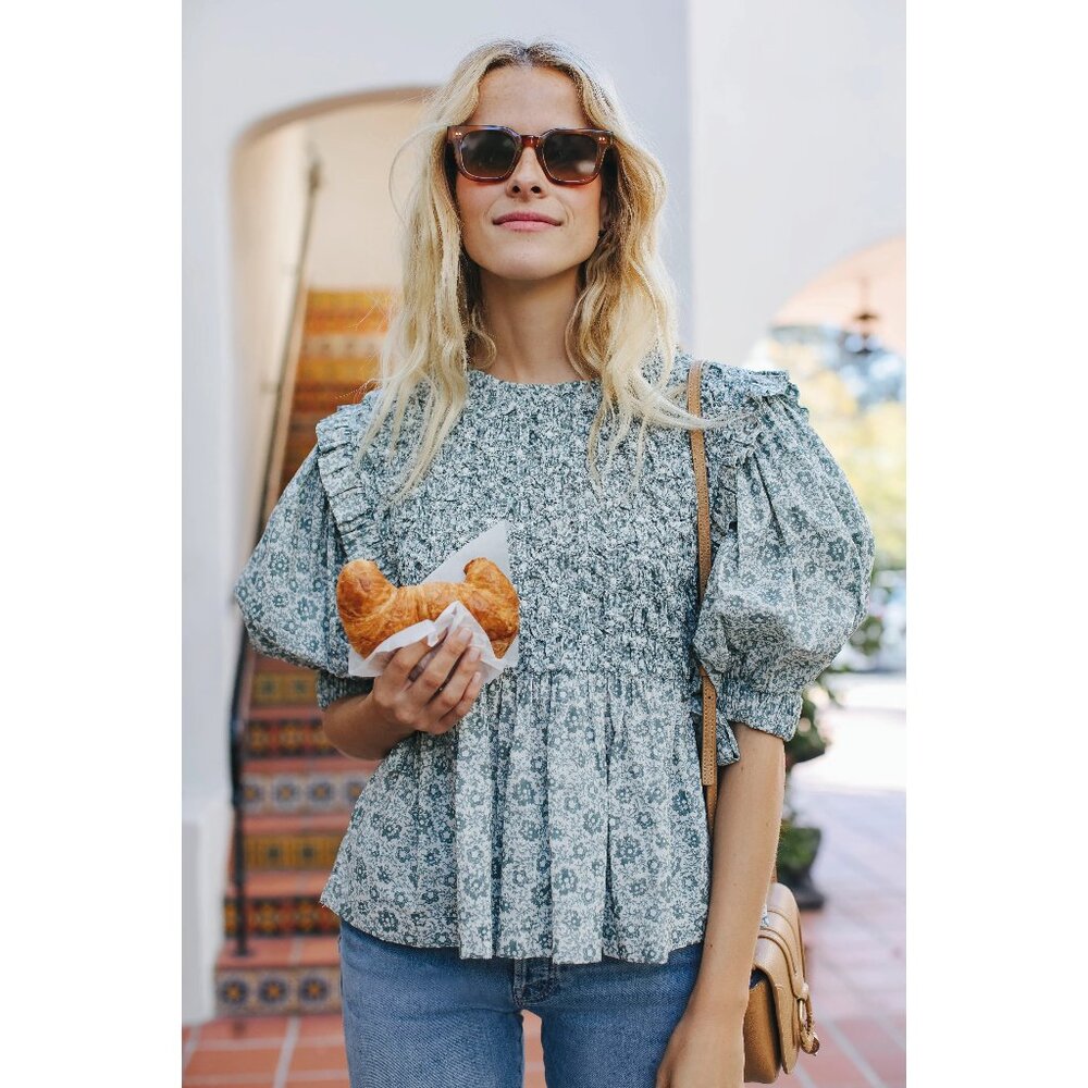 Sea New York Floral Puff Sleeve Blouse in Green and White